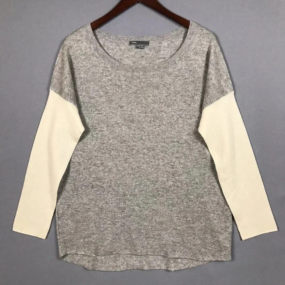 Vince WOOL CASHMERE Sweater Womens Size Medium Colorblock Gray Beige Bateau Neck